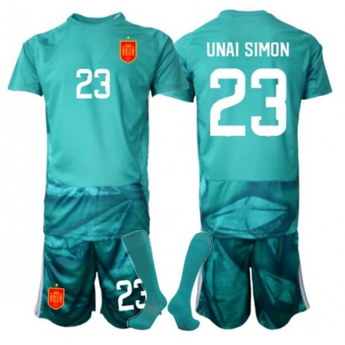 Stroje piłkarskie Hiszpania Unai Simon #23 Bramkarskie Koszulka Wyjazdowej dla dzieci MŚ 2026 Krótki Rękaw (+ szorty)